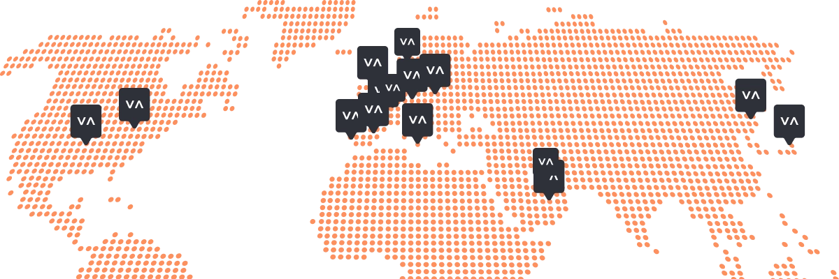 Vasco World Map A dotted orange world map on a black background with gray VA markers placed on various locations across North America, Europe, the Middle East, and Asia.